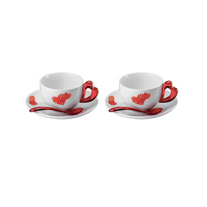 SET 2 CAPPUCCINO CUPS W/SAUCERS-SPOONS LOVE Guzzini, col. Clear Red
